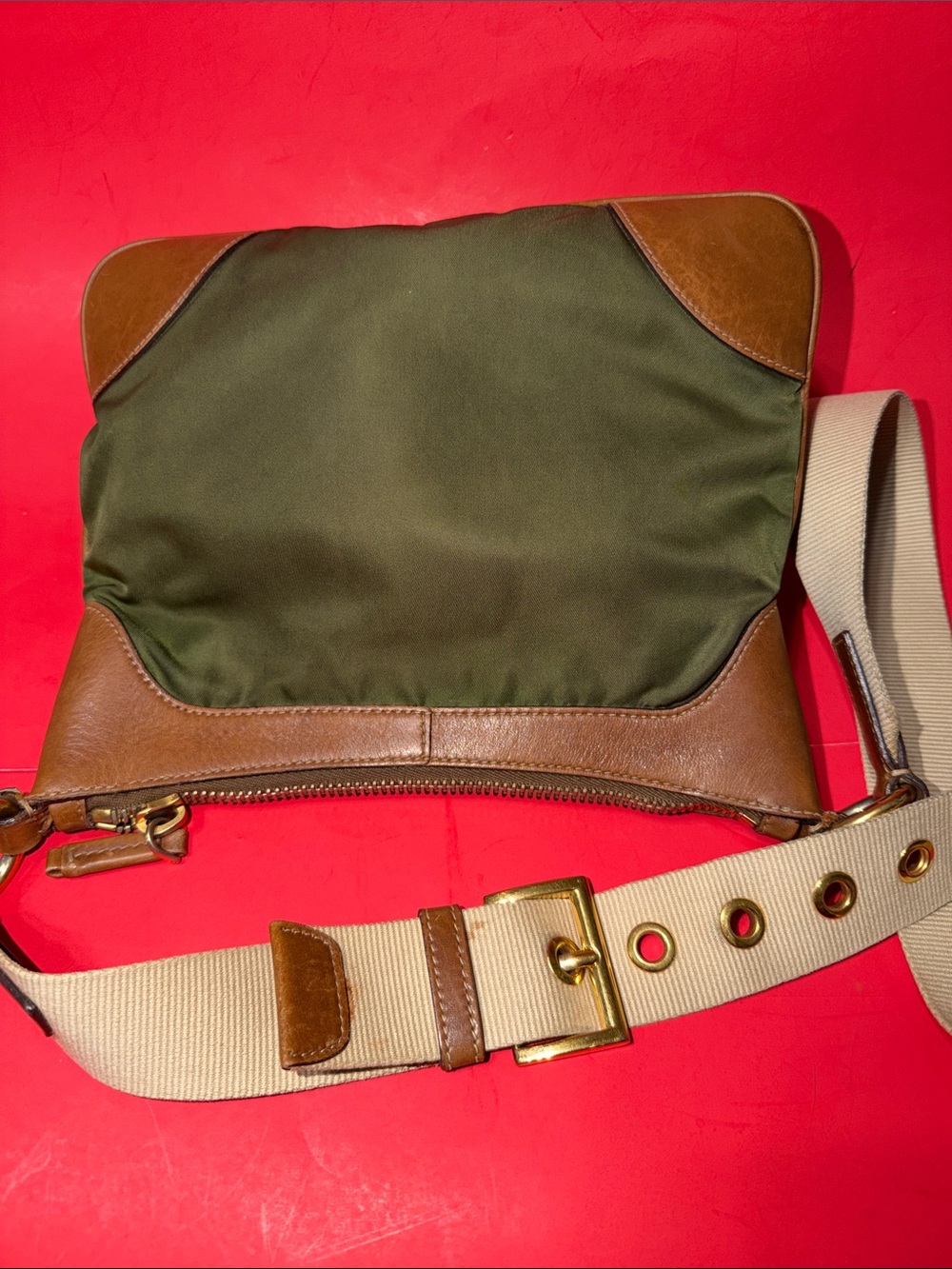 Prada Olive Green Nylon Crossbody with Brown Leather Trim and Beige Strap - Picture 2 of 12